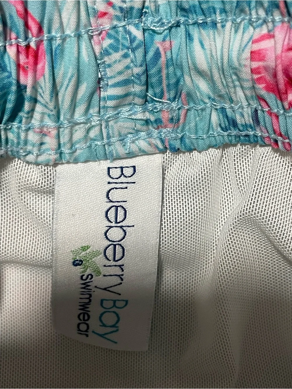 Kids Pink Flamingo Swim Trunks - Lightweight Blue Print